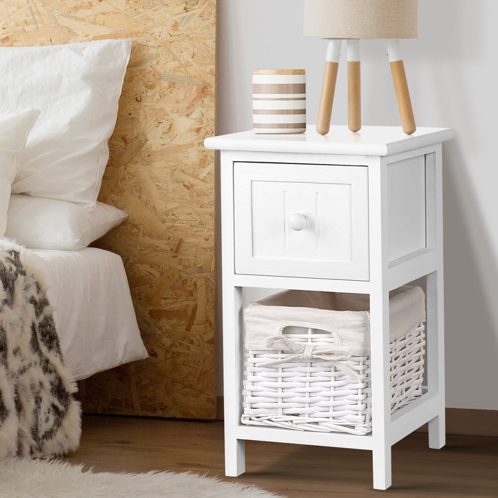 ST-CAB-1D-1B-WHX2-202502281240-00 Artiss Bedside Table 1 Drawer with Basket Rustic White X2 - Image 1