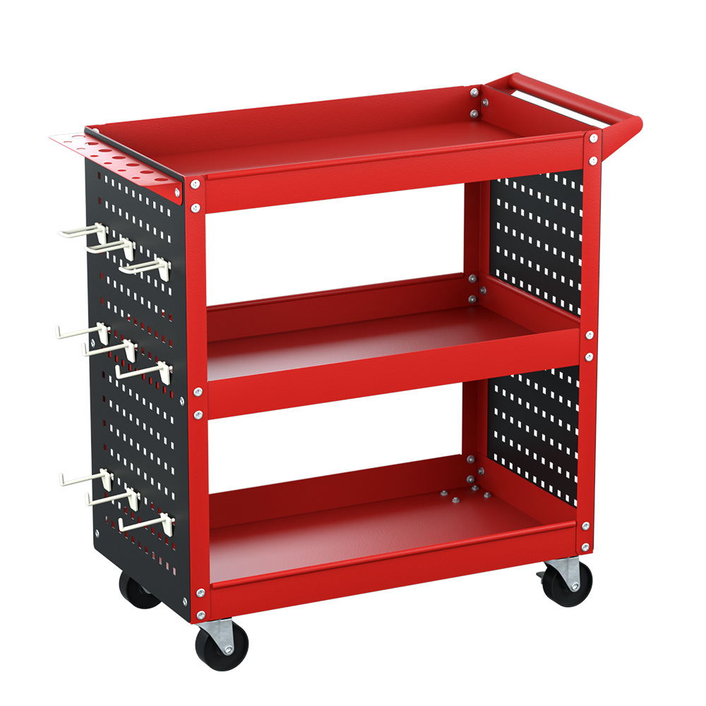 TB-CART-3T-N-RD-87775-00 Giantz 3-Tier Tool Cart Storage Trolley Workshop Garage Pegboard Hooks Red - Image 1