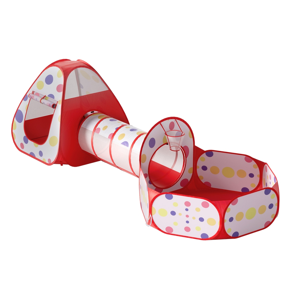 TENT-PLAY-TUN-RD-186680-00 Keezi Kids Playhouse Play Tent Pop Up Teepee Ball Pit Tunnel Basketball Hoop Red - Image 1