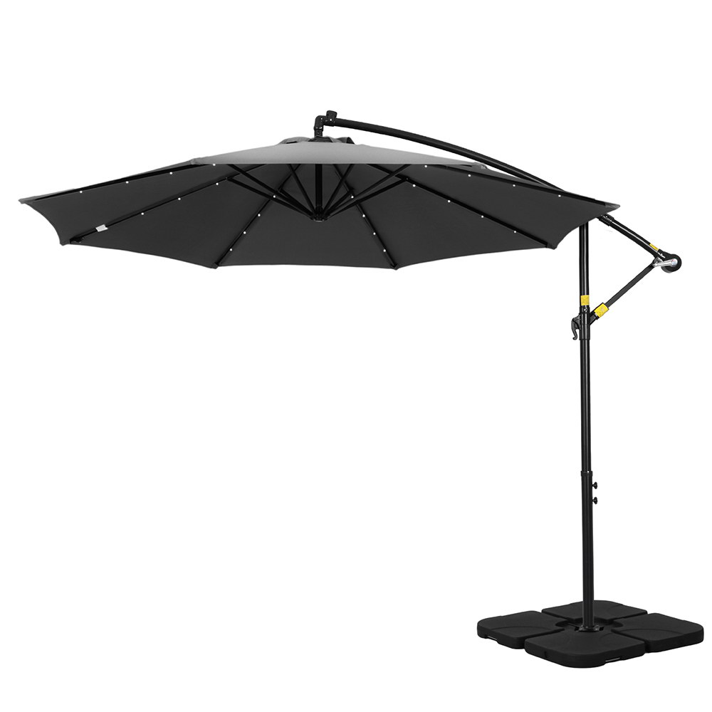 UMB-BAN-LED-50N-CO-190346-00 Instahut Outdoor Umbrella 3M Cantilever Beach LED Base Garden Sun Patio Charcoal - Image 1