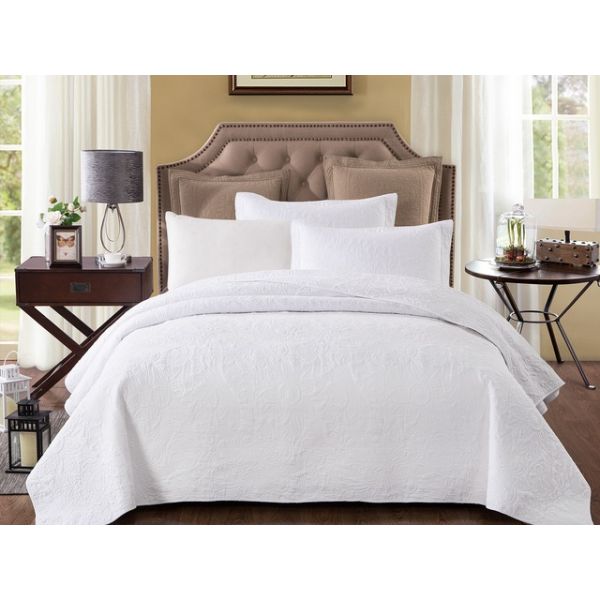 V107-60852K-197523-00 Pure White 100% Cotton Quilted 3 pcs Bedspread Coverlet Set King - Image 1