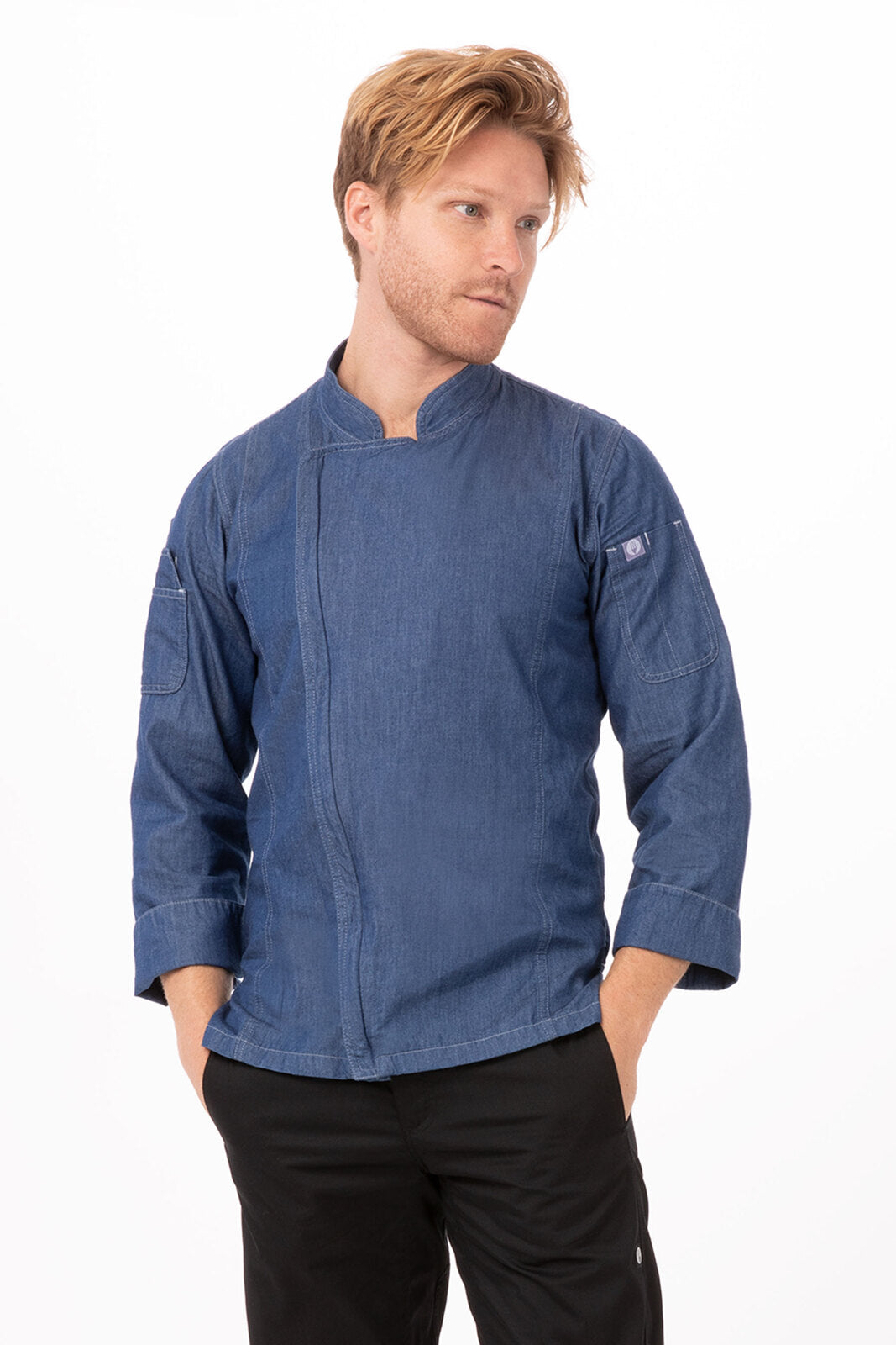V107-EXDZ001-IBL-L-217613-00 Gramercy Men's Denim Indigo Blue L Zipper Chef Jacket by Chef Works - Image 1