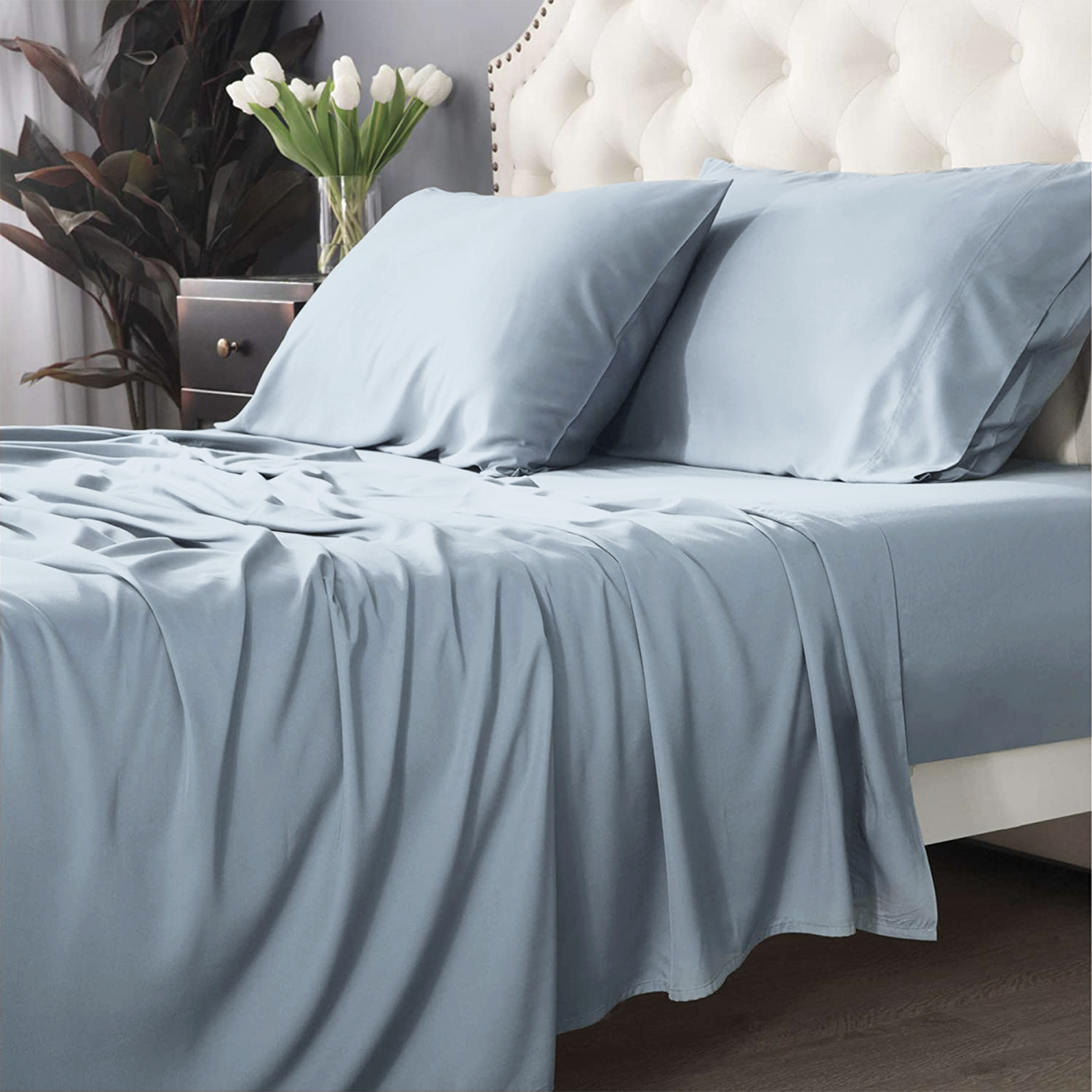 V107-SH320235-196418-00 Bamboo Cotton 500 TC Mid Blue Sheet Set by Park Avenue Split King - Image 1