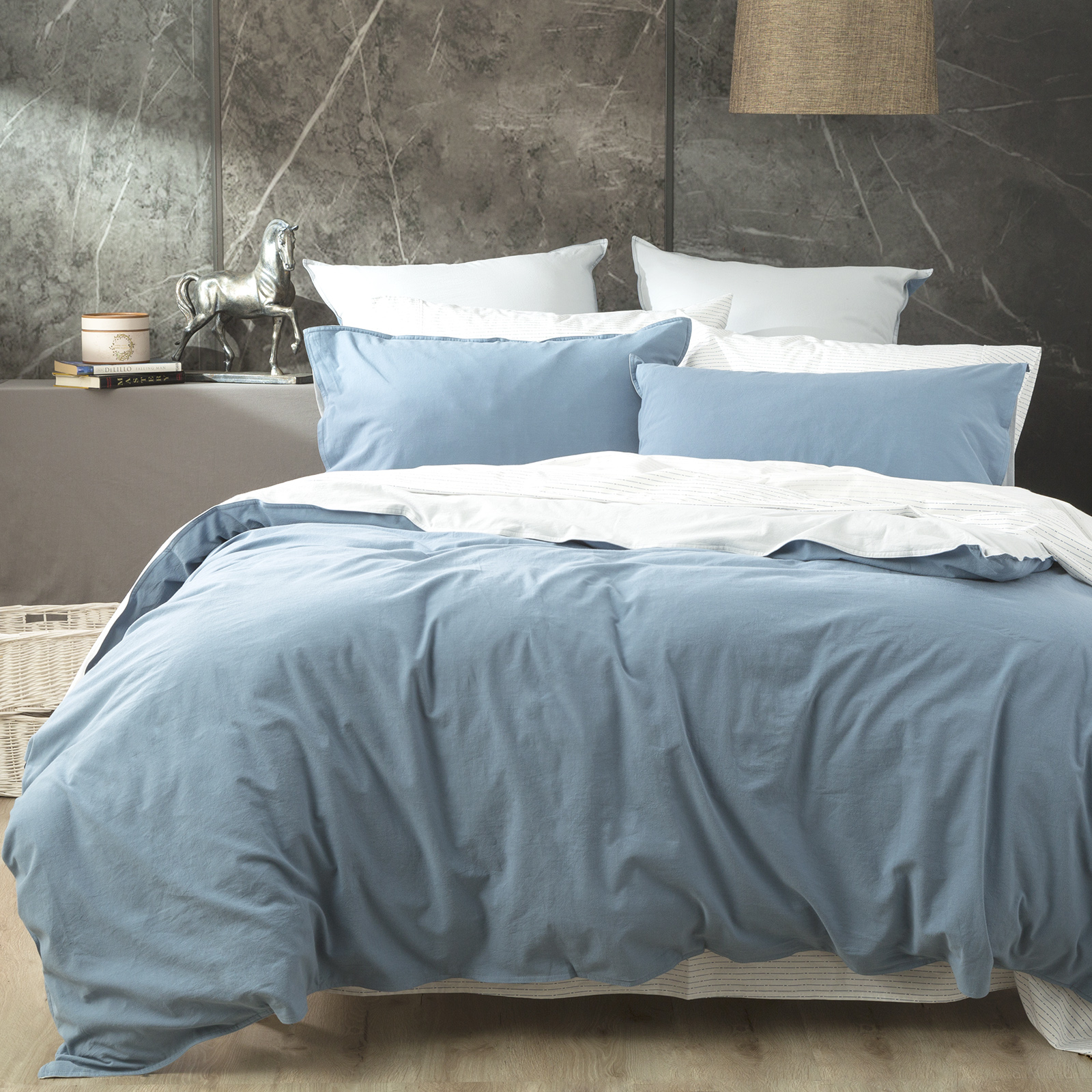 V107-SH320750-195746-00 Essentials Vintage Stone Washed Reversible Blue European Pillowcase by Renee Taylor - Image 1