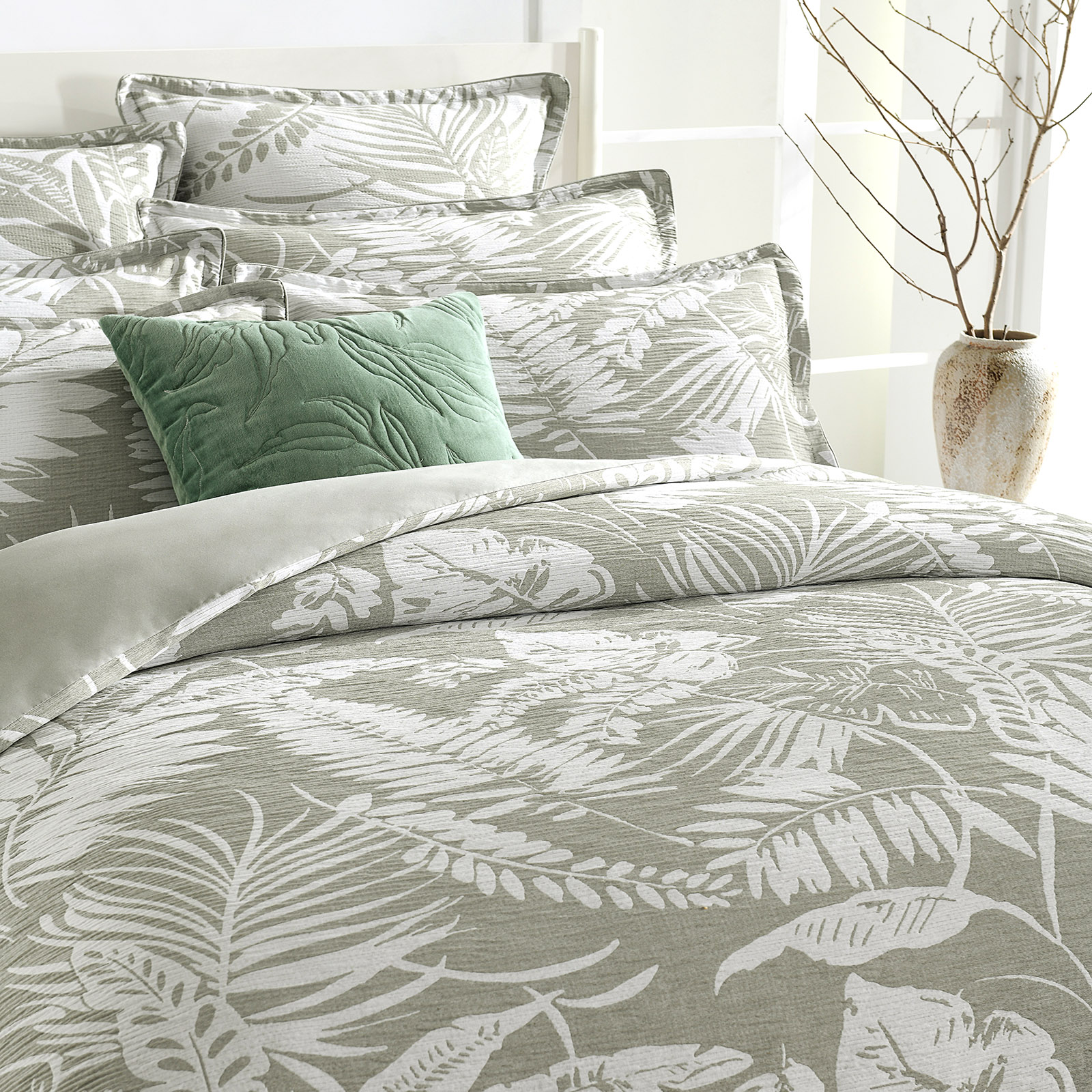 V107-SH326230-196880-00 Palm Tree Jacquard Sage Green Quilt Cover Set by Renee Taylor Queen - Image 1