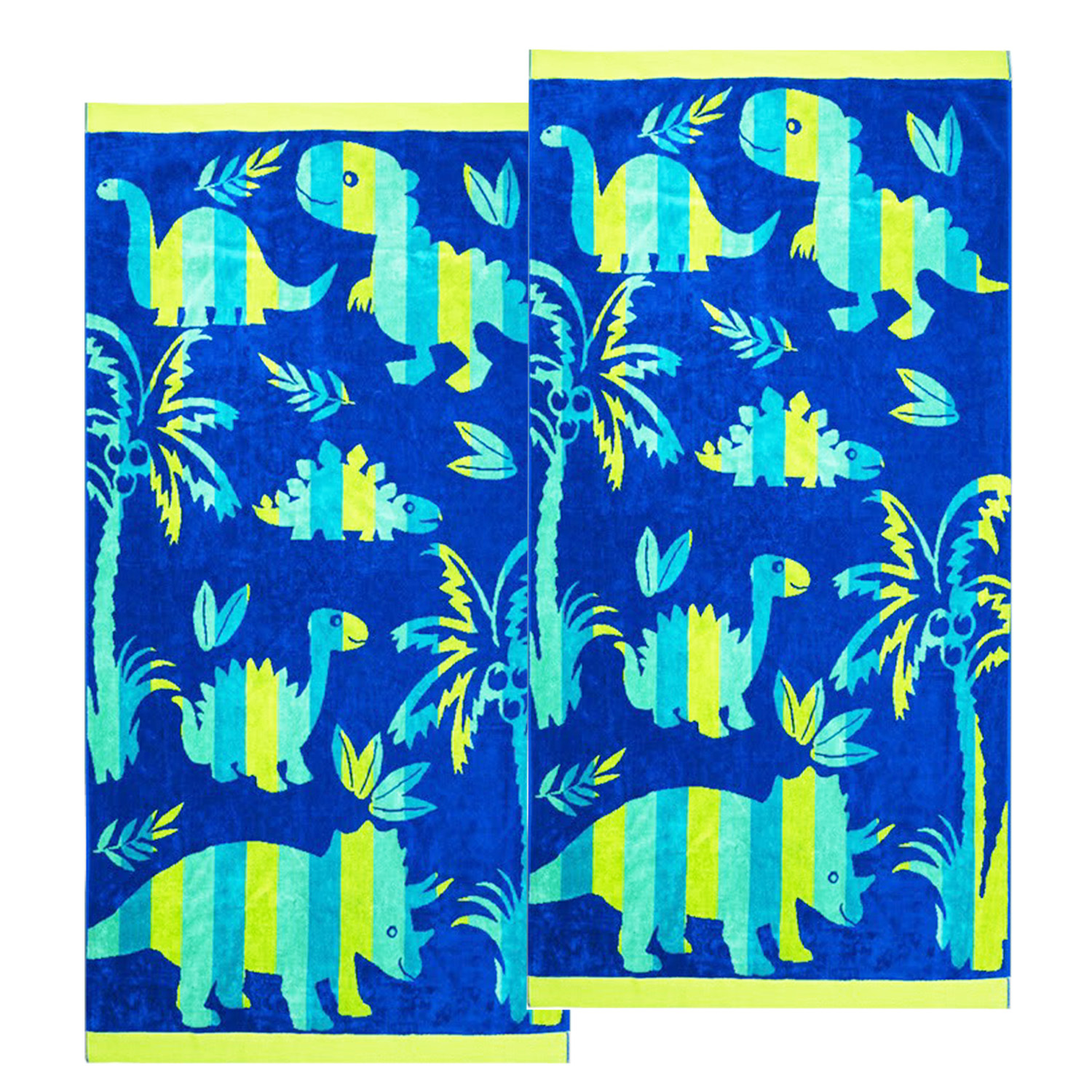 V107-SH328705-216984-00 Renee Taylor 2 Pack Jacquard Velour Kids Beach Towel 75 x 150 cms Dinosaur - Image 1