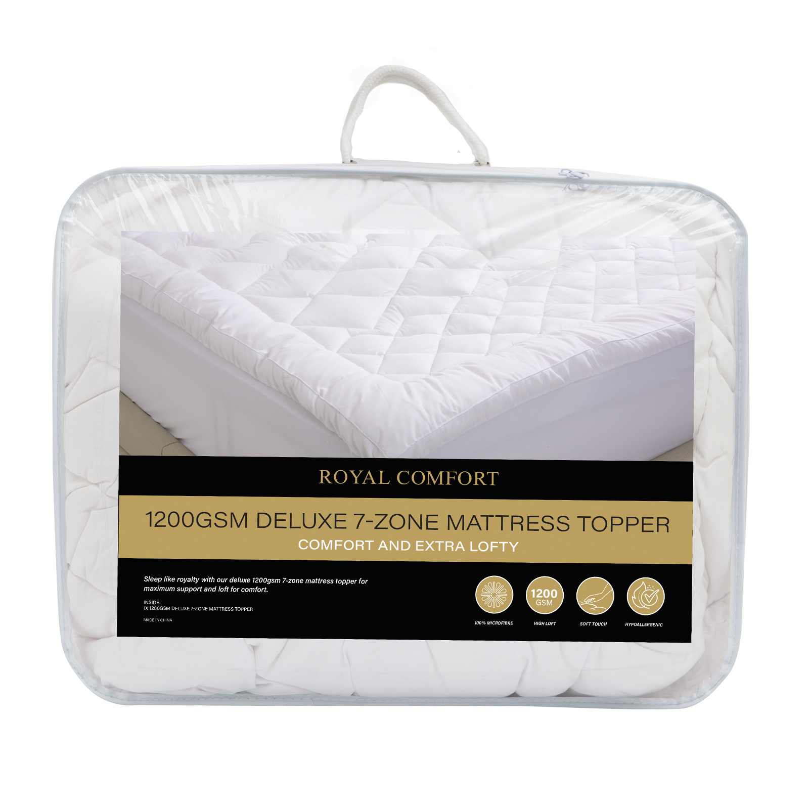 V160-10003782-10003782_6-00 Royal Comfort 1200GSM Deluxe 7-Zone Mattress Topper Luxury Gusset Breathable - Single - White - Image 1