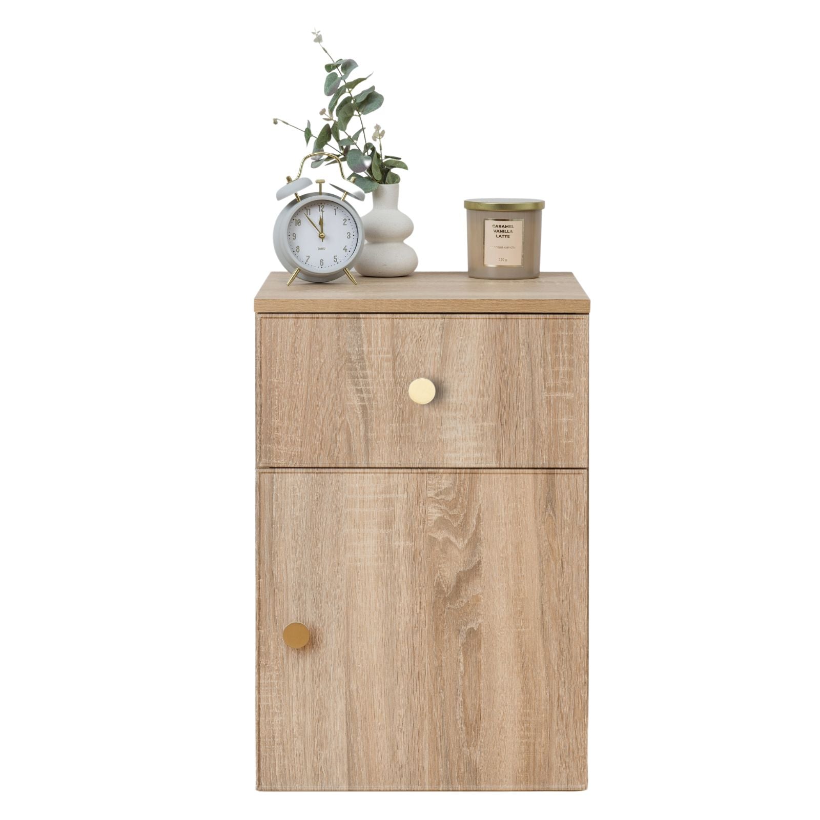 V164-ECS13STB06G-202503072216-00 PORTO BEDSIDE TABLE - NATURAL OAK - SLIM - ROUND BRASS - Image 1