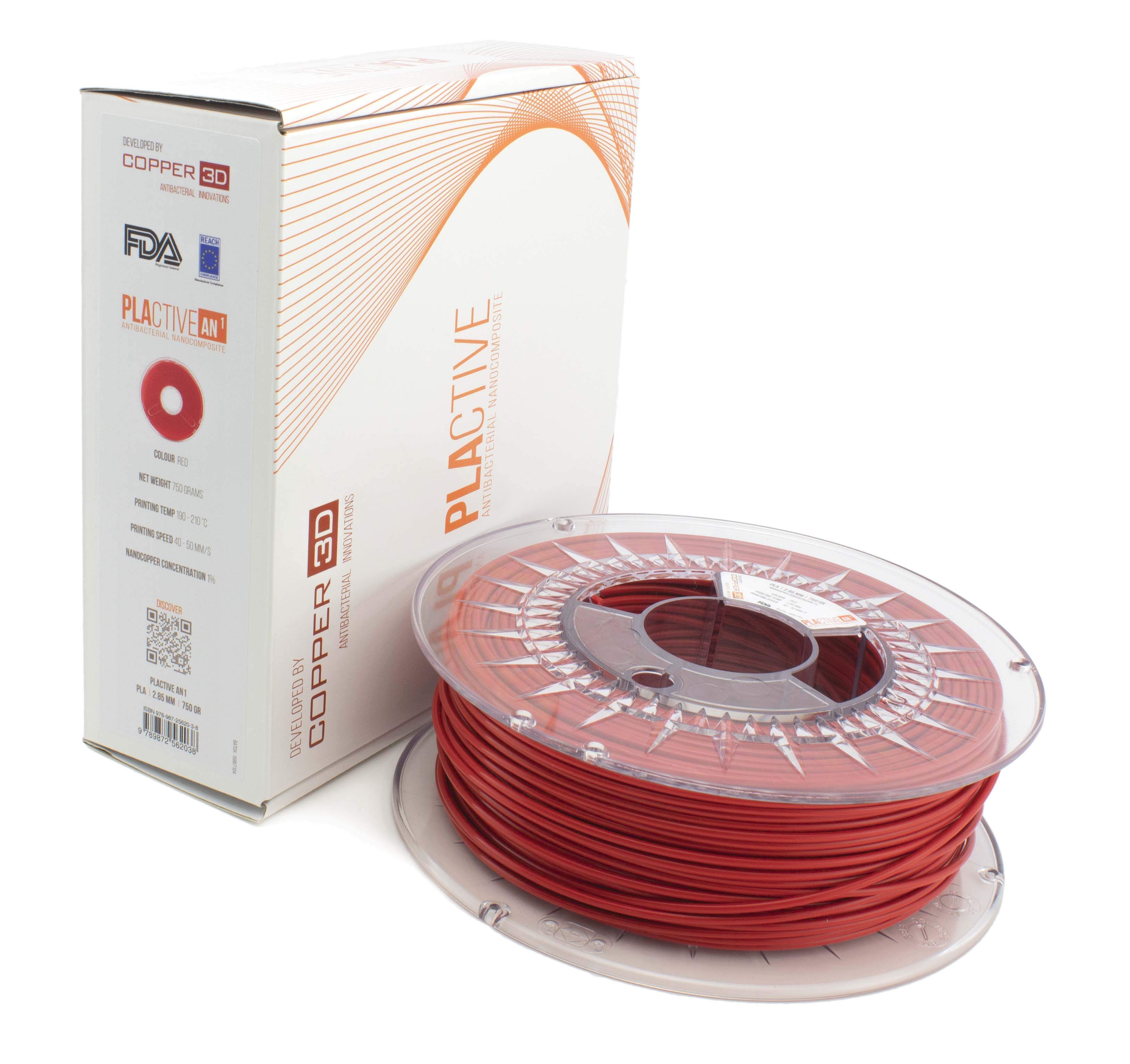 V177-175PLACT-RED-0050_RED_285__10353_1 PLA Filament Copper 3D PLActive - Innovative Antibacterial 1.75mm 50gram Classic Red Color 3D Printer Filament - Image 1