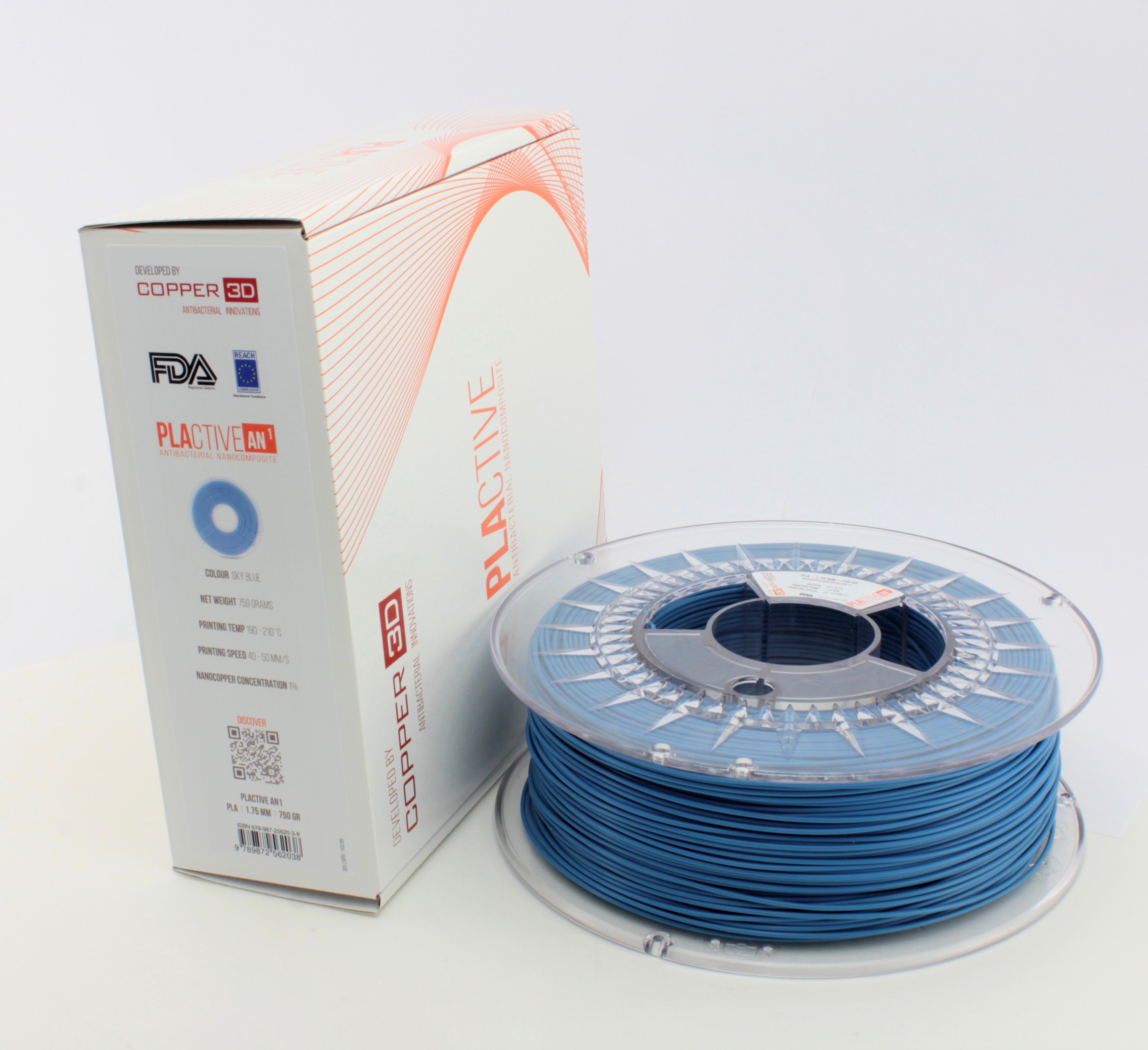 V177-285PLACT-BLUE-0750_BLUE_175__58184_1 PLA Filament Copper 3D PLActive - Innovative Antibacterial 2.85mm 750gram Sky Blue Color 3D Printer Filament - Image 1