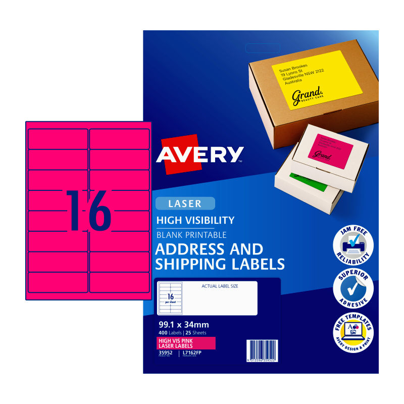 V177-D-AV35952-uc__17688-00 AVERY LaserLb Pink L7162FP 16Up Pack of 25 - Image 1