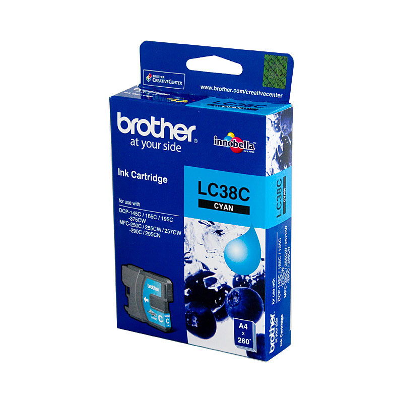 V177-D-B38C_uc__25568_1 Brother LC-38C Cyan Ink Cartridge - to suit DCP-145C/165C/195C/375CW, MFC-250C/255CW/257CW/290C/295CN- up to 260 pages - Image 1