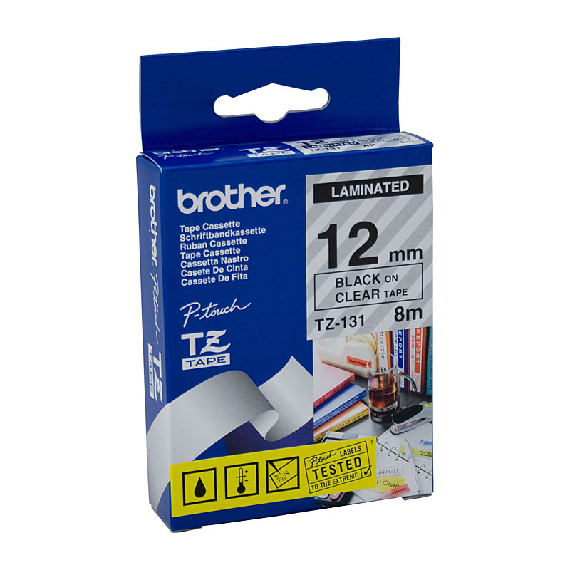 V177-D-BTZ131_uc__03100_1 BROTHER TZe131 Labelling Tape 12mm Black on Clear TZE Tape - Image 1