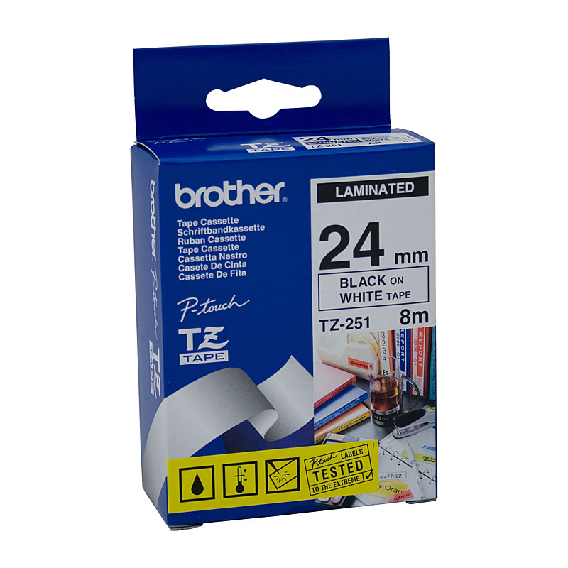 V177-D-BTZ251_uc__90417_1 BROTHER TZe251 Labelling Tape 24mm Black on White TZE Tape - Image 1