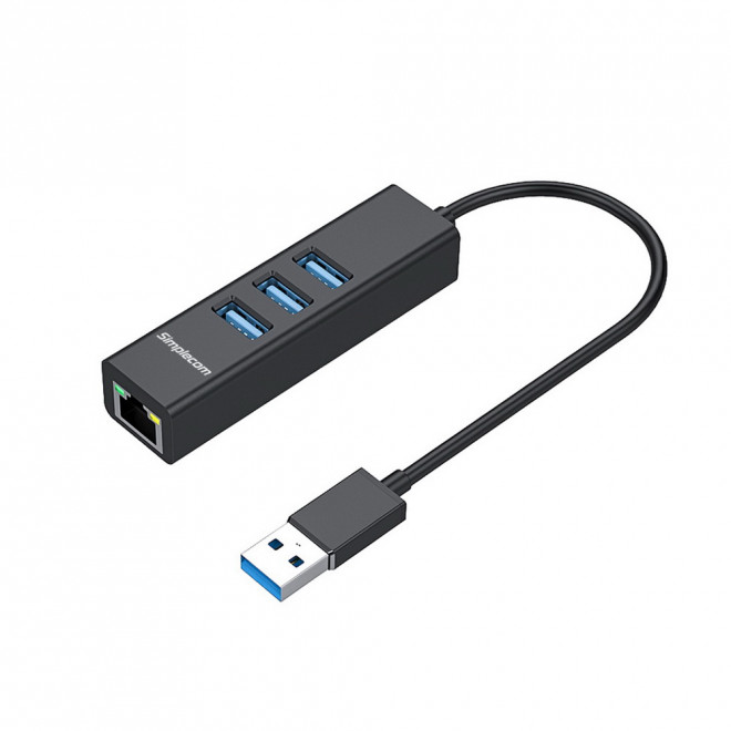 V177-L-HXSI-CHN420-BLK-HXSI-CHN420-BLK__51391-00 SIMPLECOM CHN420 Black Aluminium 3 Port SuperSpeed USB HUB with Gigabit Ethernet Adapter - CBAT-USBCLAN - Image 1