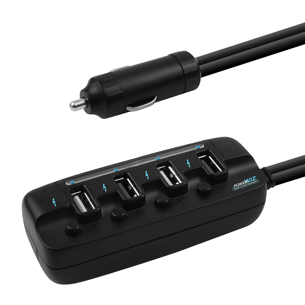 V177-L-MPMB-MB-USBC480-MPMB-MB-USBC480__08555-00 mbeat 4 Ports USB Rapid Car Charger - 40W Rapid Smart Charger/Individual ON/OFF switches/90cm Extension Cable Design - Image 1