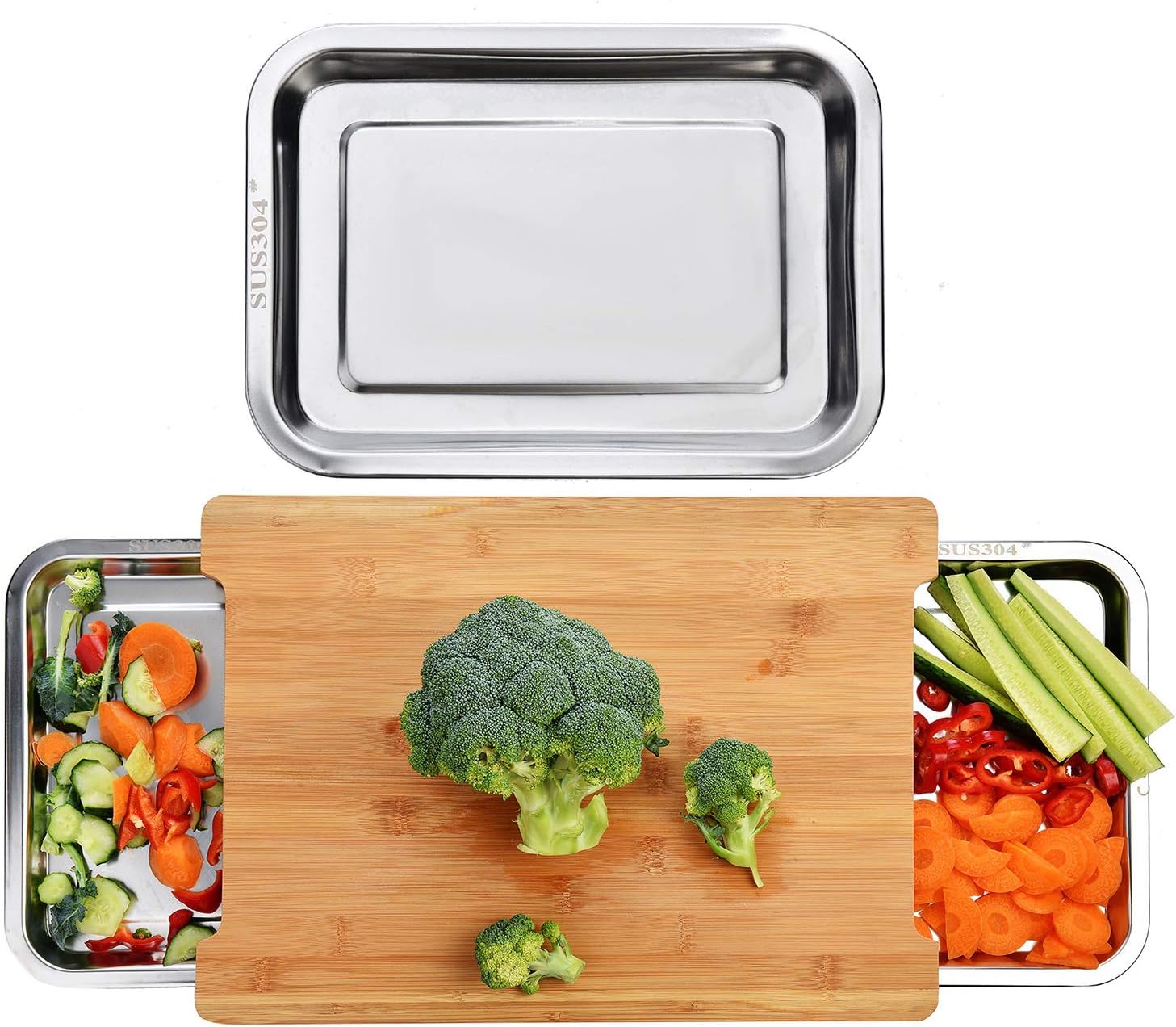 V178-36085-216278-00 Chopping Board with with 2 Organiser Stainless Steel Trays Containers - Image 1