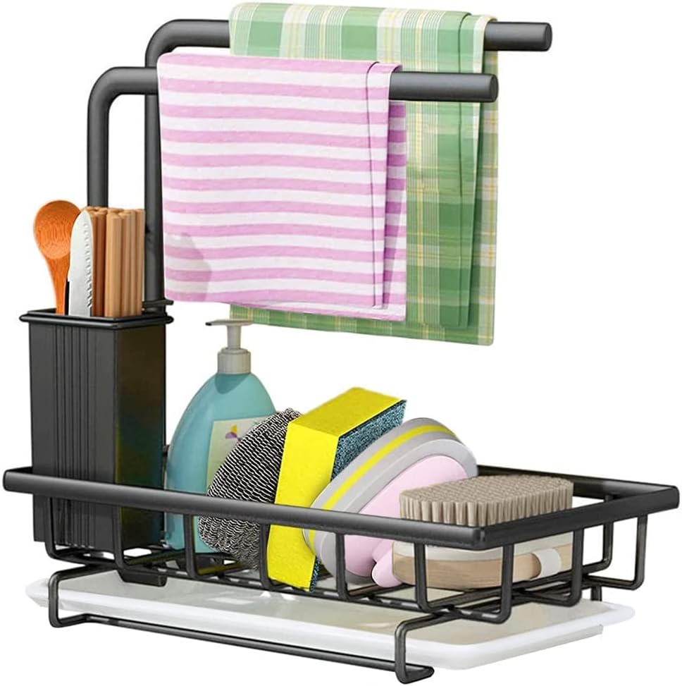 V178-36096-217161-00 Sink Caddy Sponge Holder with Drain Tray, Brush Holder & Dishcloth Holder for Kitchen - Image 1