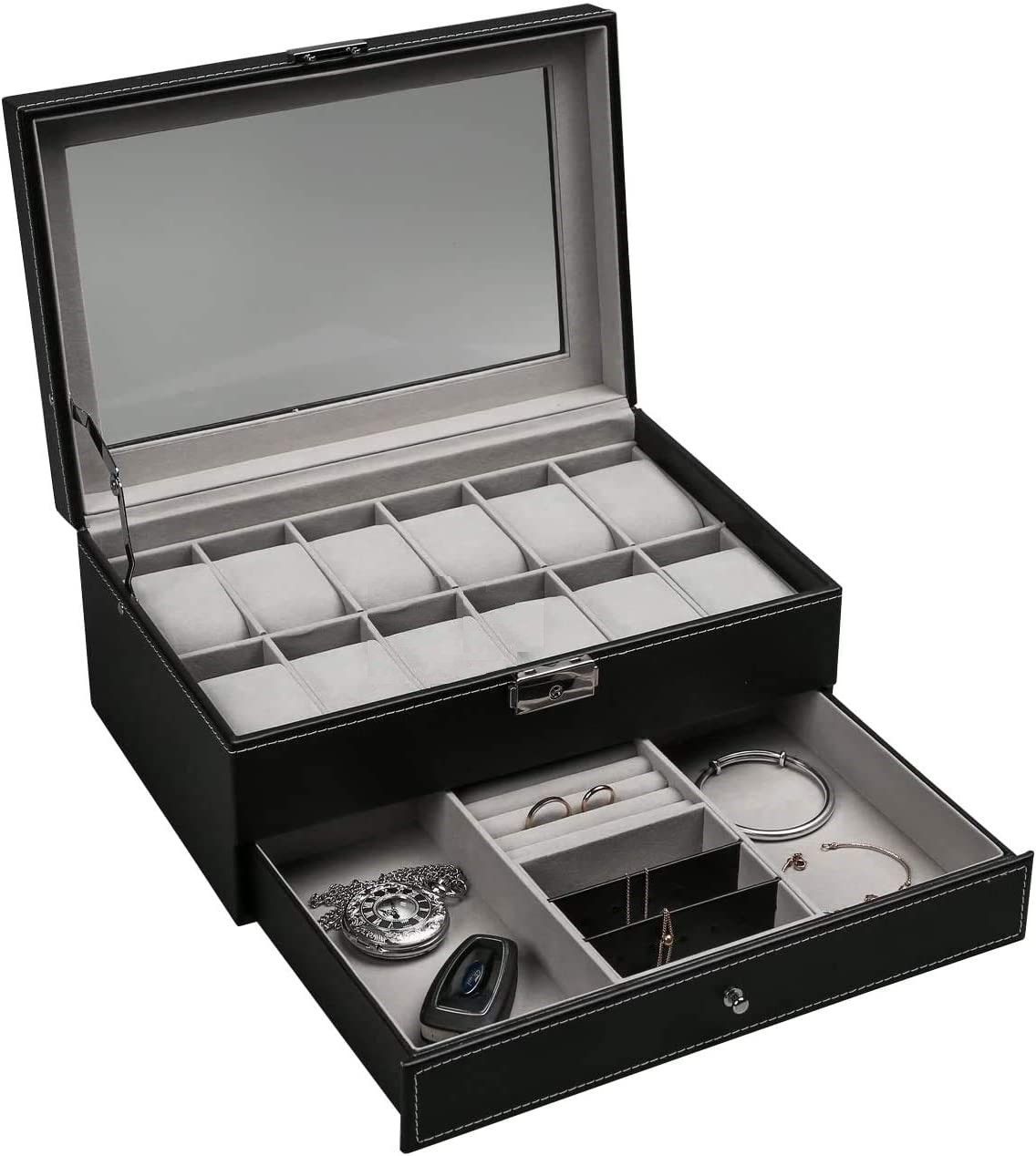 V178-84497-84497_1_yuscVdQmu-00 12 Slot PU Leather Lockable Watch and Jewelry Storage Boxes (Black) - Image 1
