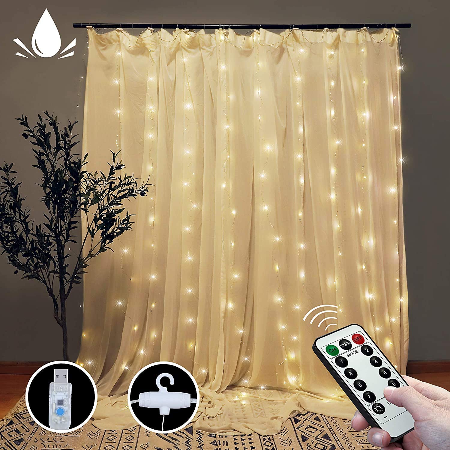 V178-84838-84838_1_o8C-d3BVH-00 300 LEDs Window Curtain Fairy Lights 8 Modes and Remote Control for Bedroom (Warm White, 300 x 300cm) - Image 1