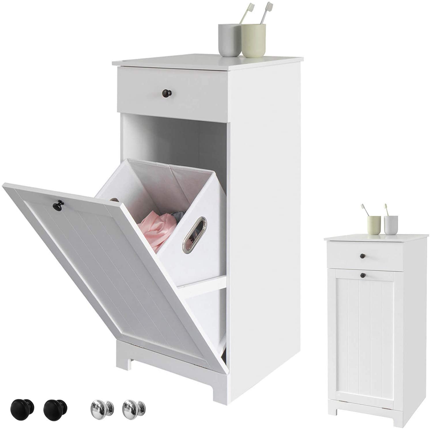 V178-85024_85024_1_xiI4UZ3sg White Bathroom Cabinet with Laundry Basket and Drawer - Image 1