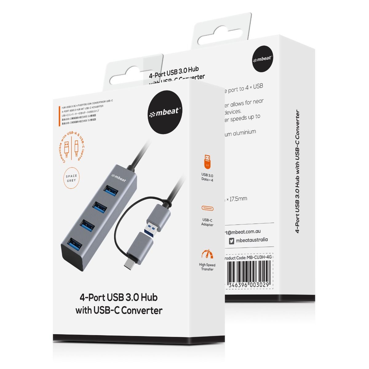 V186-MB-CU3H-4G-27388-00 mbeat 4-Port USB 3.0 Hub with 2-in-1 USB 3.0 & USB-C Converter - Space Grey - Image 1