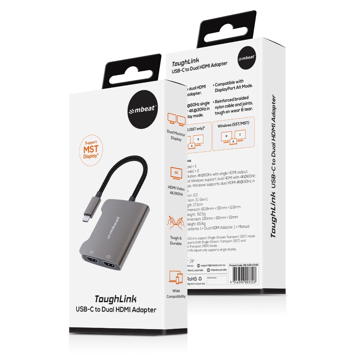 V186-MB-XAD-CDHD-51575-00 mbeat Tough Link USB-C to Dual 4K HDMI Adapter - Space Grey - Image 1