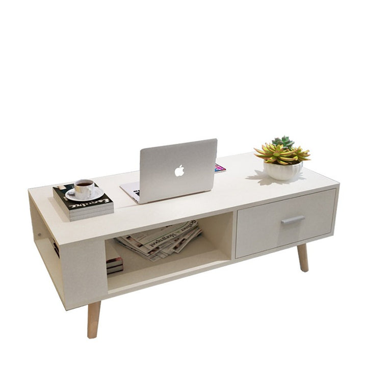 V195-CT950-WOOD-202506161046-00 White Coffee Table Storage Drawer & Open Shelf With Wooden Legs - Image 1