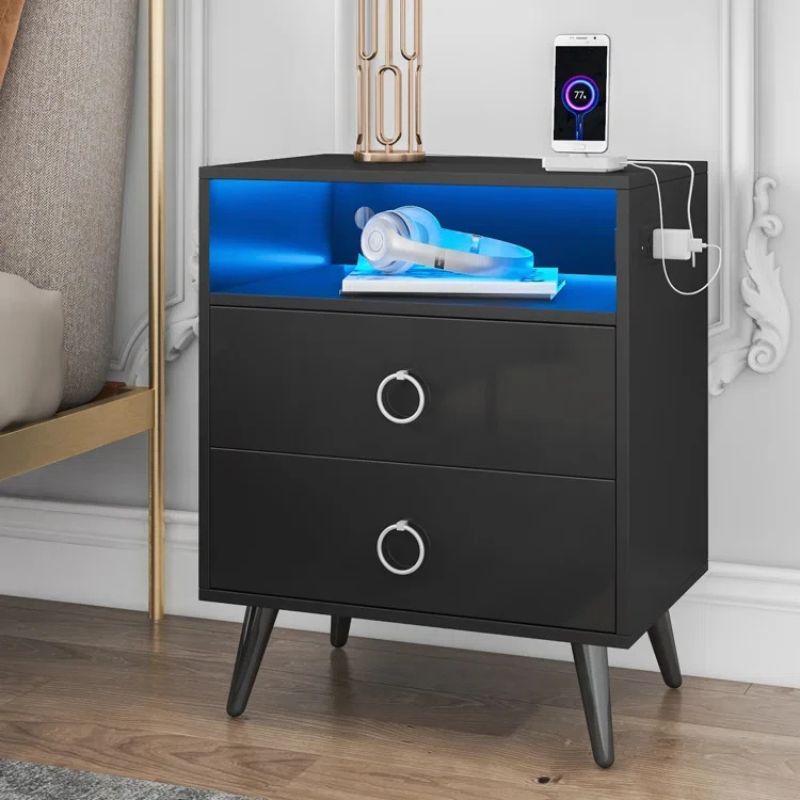 V195-NT-023-BK-175452-00 Amelia Modern LED Bedside table with USB and power socket Black - Image 1