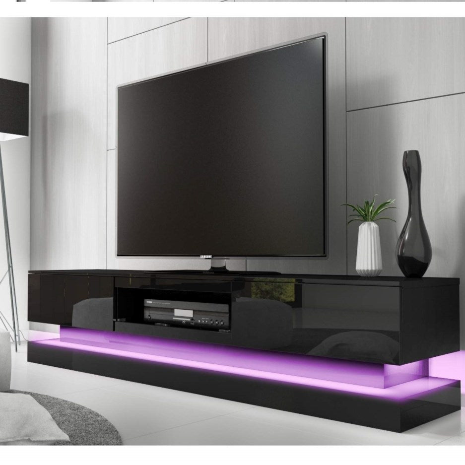 V195-TS054-BK-74983-00 Modern High Gloss LED RGB TV Entertainment Unit with Storage 220cm - Black - Image 1