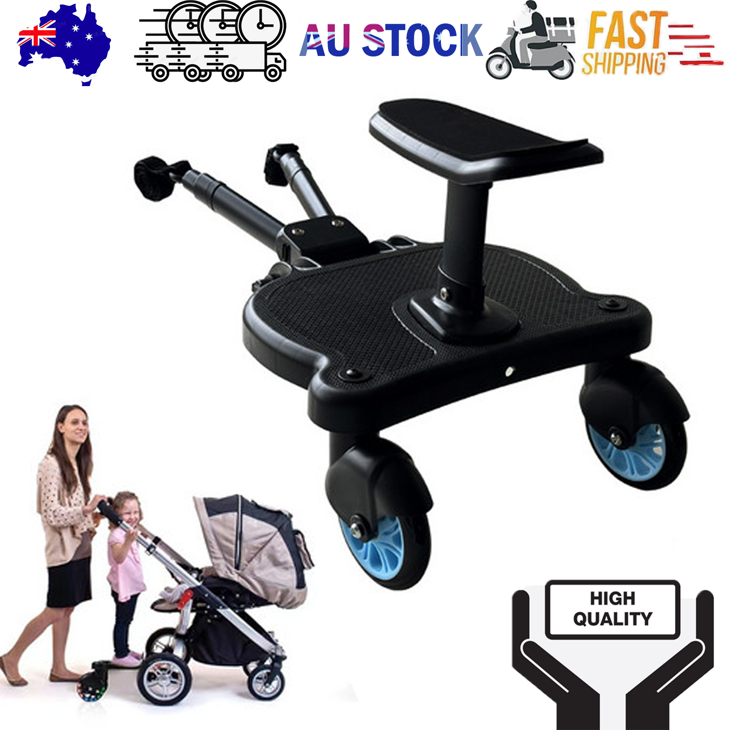 V201-BABY0001BU8AU-202505151828-00 Baby Jogger Glider Board 2 in 1 Kid Stroller Board with Dismountable Seat AU blue wheel - Image 1