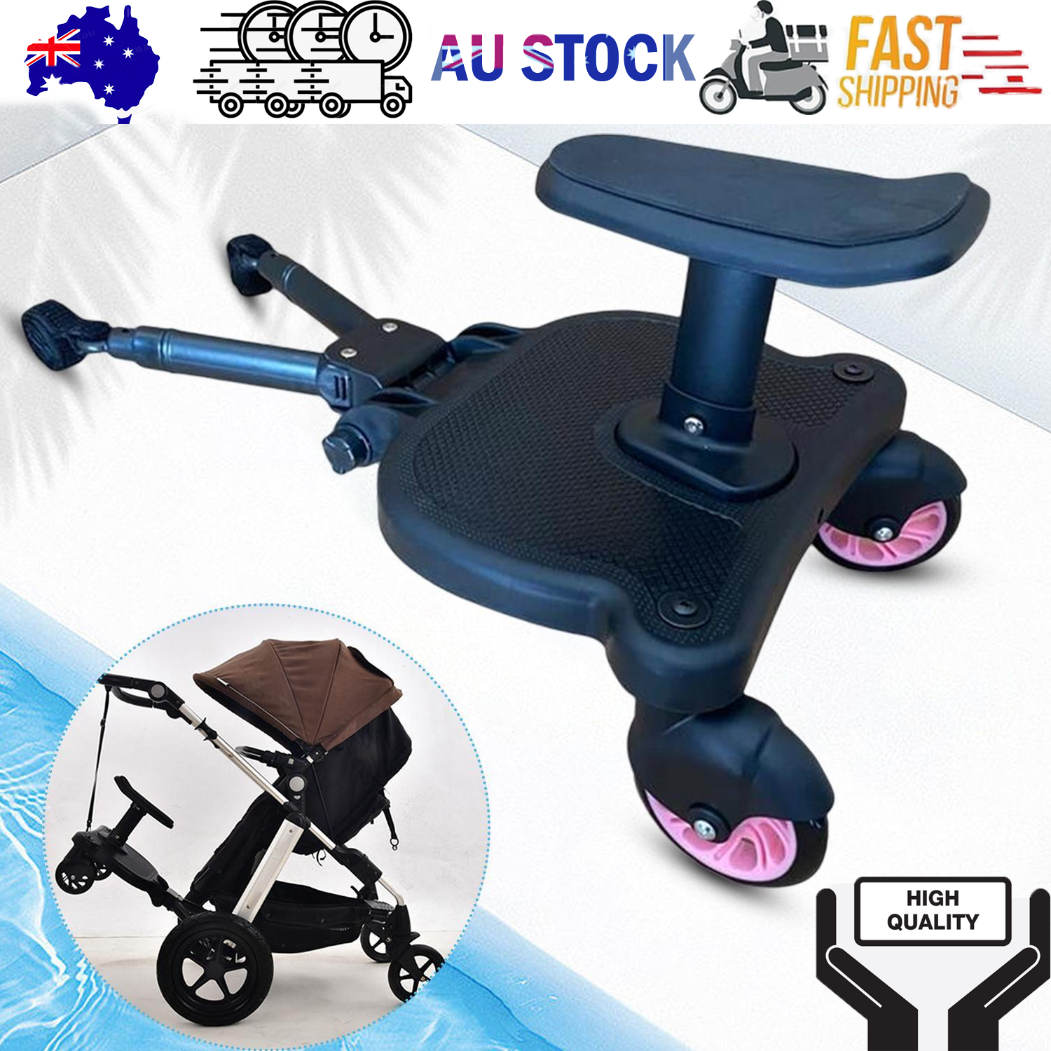 V201-BABY0001PI8AU-202505151829-00 Baby Jogger Glider Board 2 in 1 Kid Stroller Board with Dismountable Seat AU pink wheel - Image 1