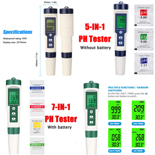 V201-BCZ1110X2-190475-00 Set 7 In 1 and 5 in 1 PH Meter TDS/EC/Salt/Temp Water Quality Monitor Tester Pen - Image 1