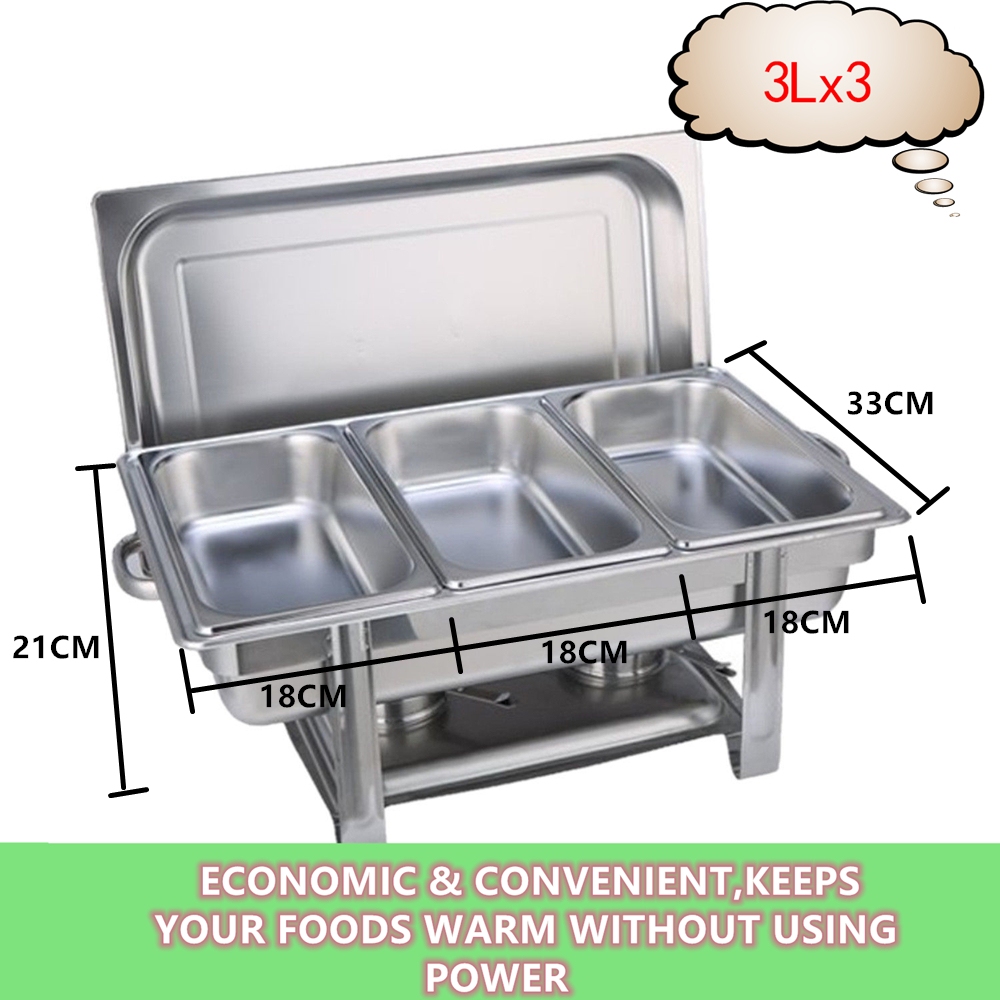 V201-BRO3-AU-81882-00 9L Chafing Dish Set Buffet Pan Bain Marie Bow Stainless Steel Food Warmer(3*3L) - Image 1