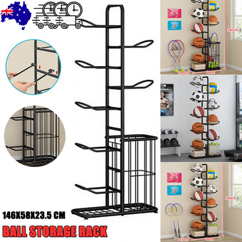V201-FCA7555BL8AU-208709-00 Basketball Soccer Storage Rack Sport Ball Organizer Ball Holder Display Stand With Basket - Image 1