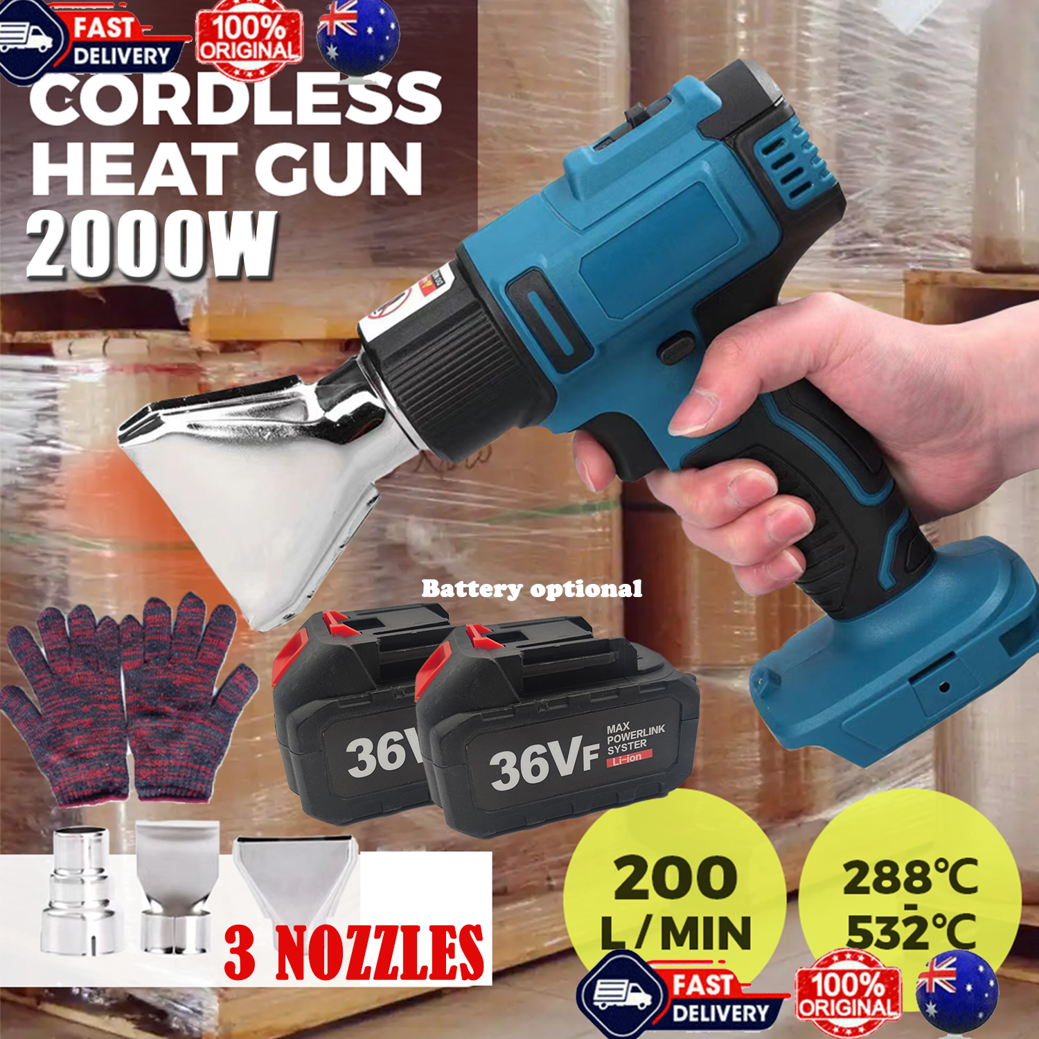 V201-HOT0036BU8AU2-150093-00 2000W Electric Hot Air Heat Gun with Nozzles Cordless Handheld For Makita 18V AU - Image 1