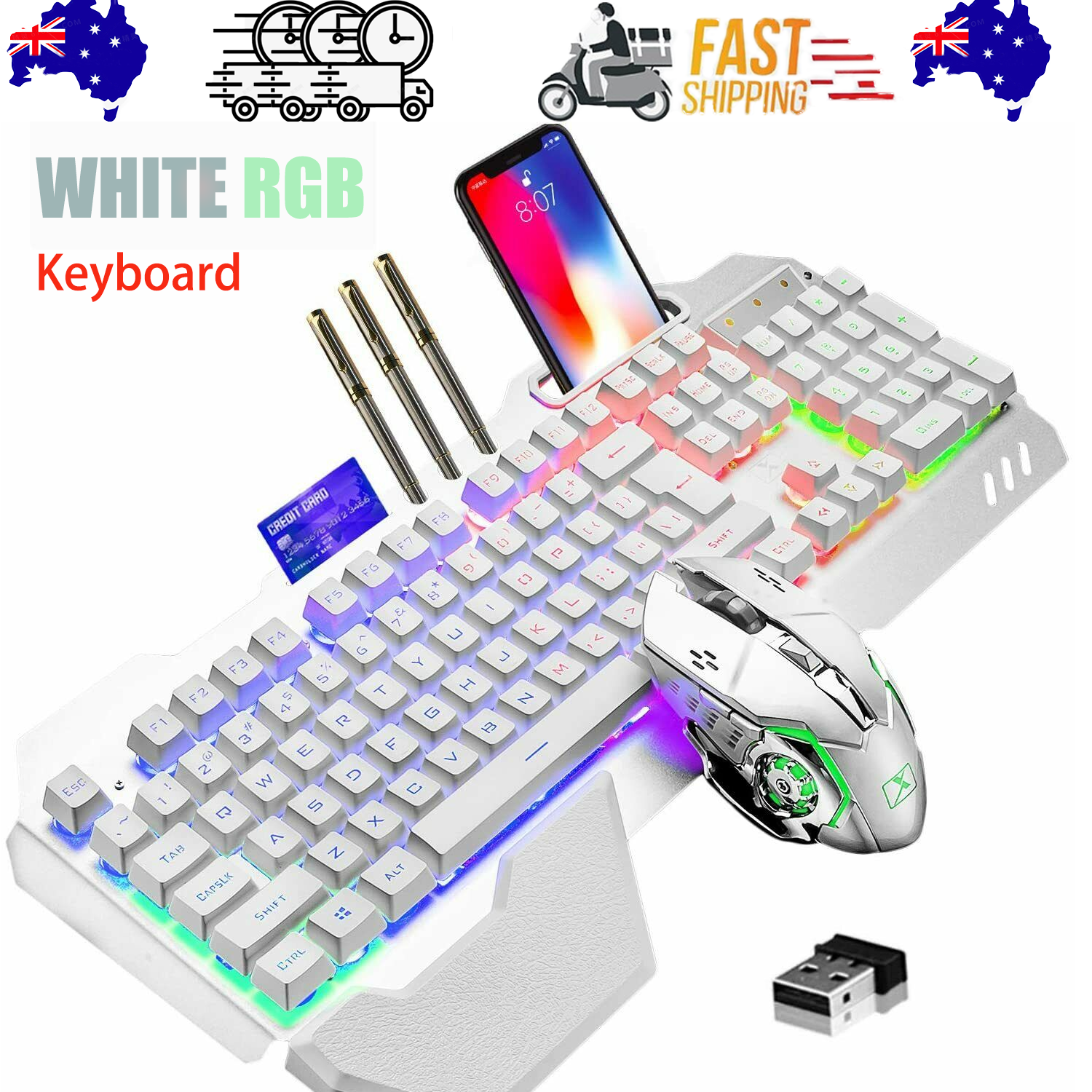 V201-W11043639-202503252018-00 104 Keys Wireless Gaming Keyboard Mouse Set+Mouse Pad, RGB LED Backlit PC/Laptop White-RGB - Image 1