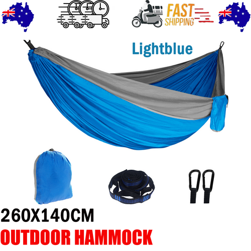 V201-W13050214-223378-00 Outdoor Camping Hammock Lightweight 260x140cm Portable Travel Lightblue - Image 1