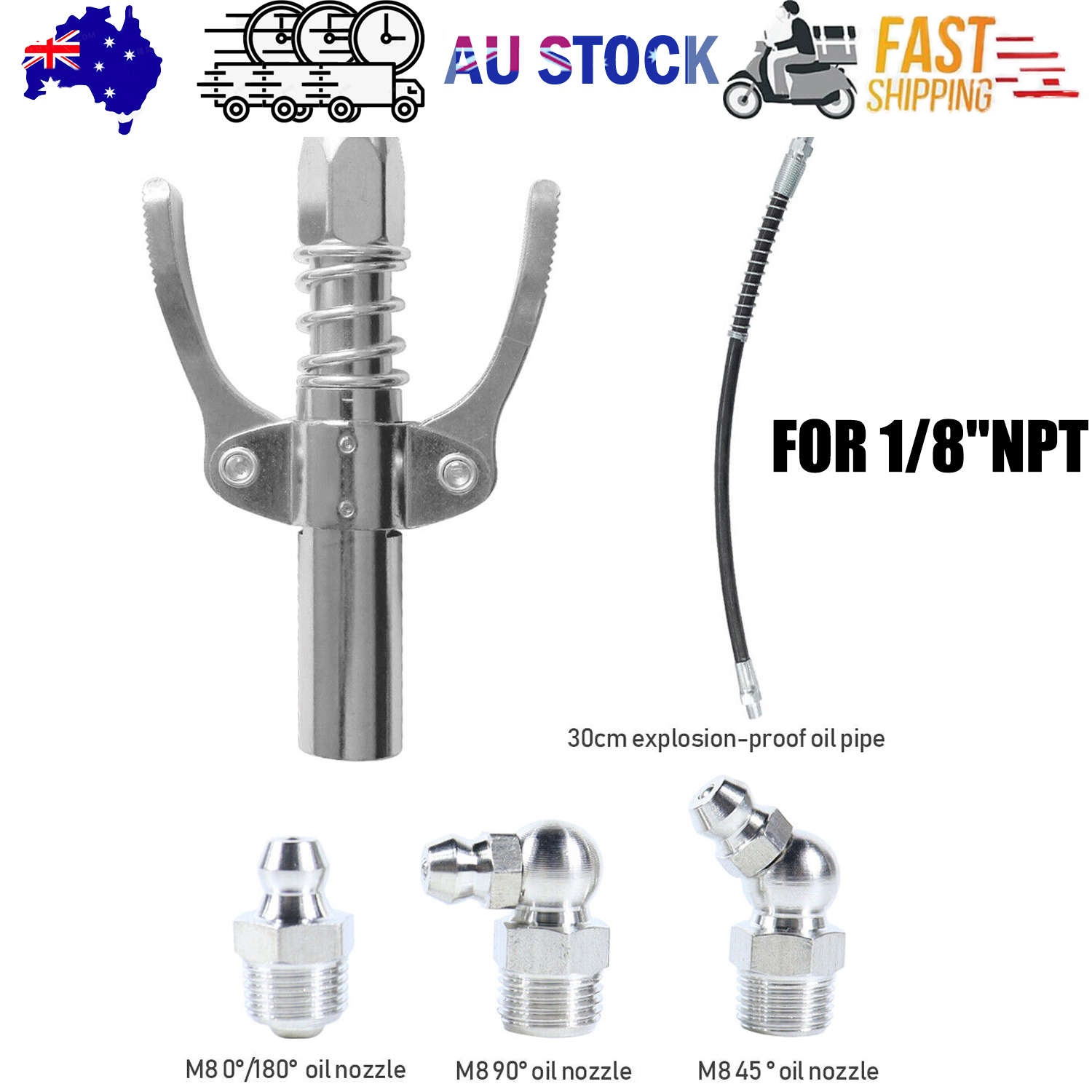 V201-W13314314-202505071540-00 Grease Gun Coupler High Pressure Quick Release Lock Nozzles w/Hose For 1/8"NPT - Image 1