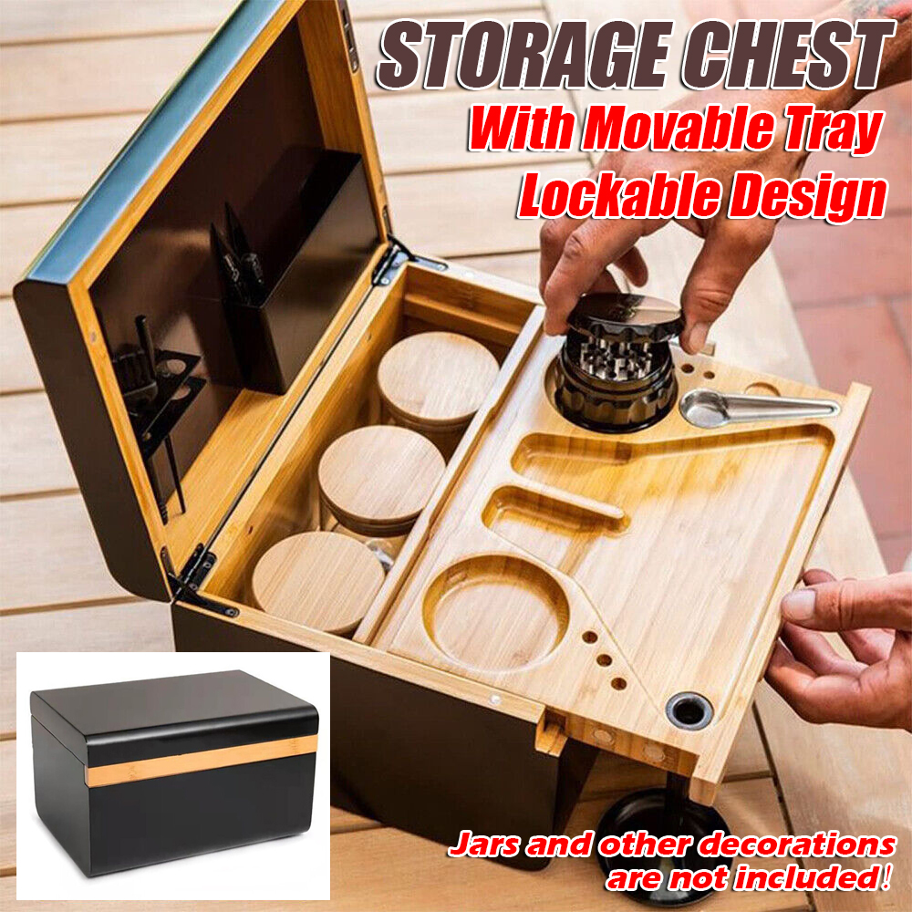V201-WSB2218BL8AU-84795-00 Wooden Storage Chest With Movable Tray Wood Lockable Stash Box Rolling Tray Gift - Image 1