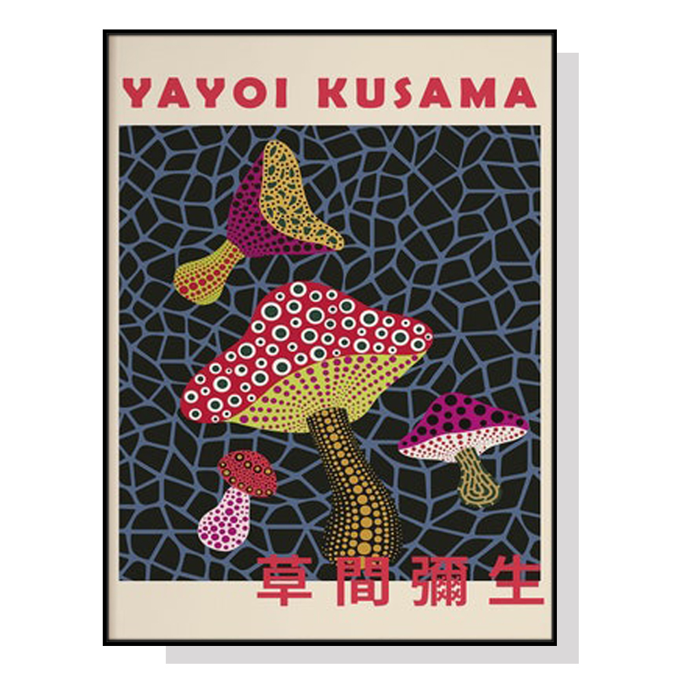 V207-1001_Mushroom-Poster-Yayoi-Kusama-black_1 Wall Art Mushroom By Yayoi Kusama Black Frame Canvas 50cmx70cm - Image 1