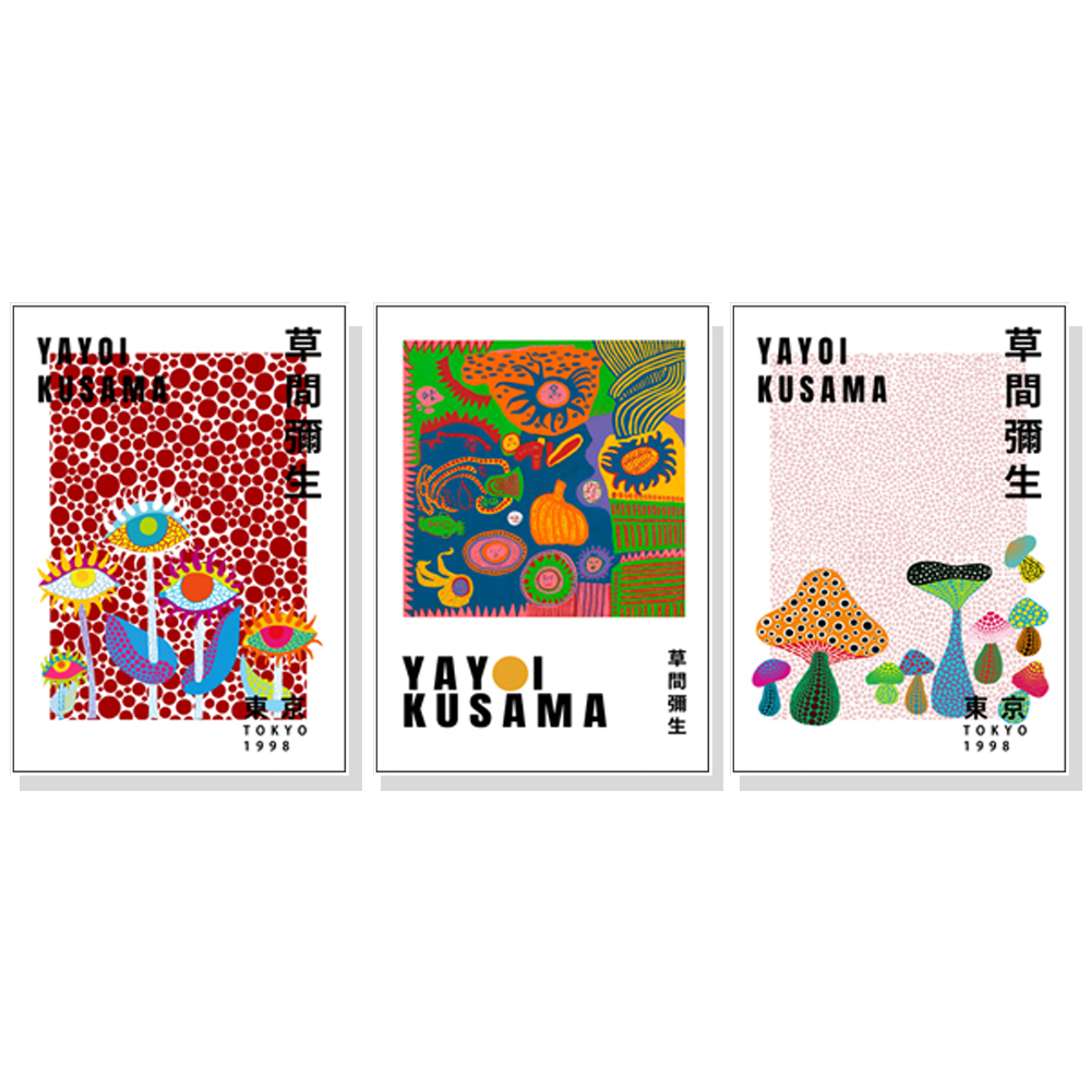 V207-1006_Wall-Art-By-Yayoi-Kusama-3-sets-white_1 Wall Art 60cmx90cm By Yayoi Kusama 3 Sets White Frame Canvas - Image 1