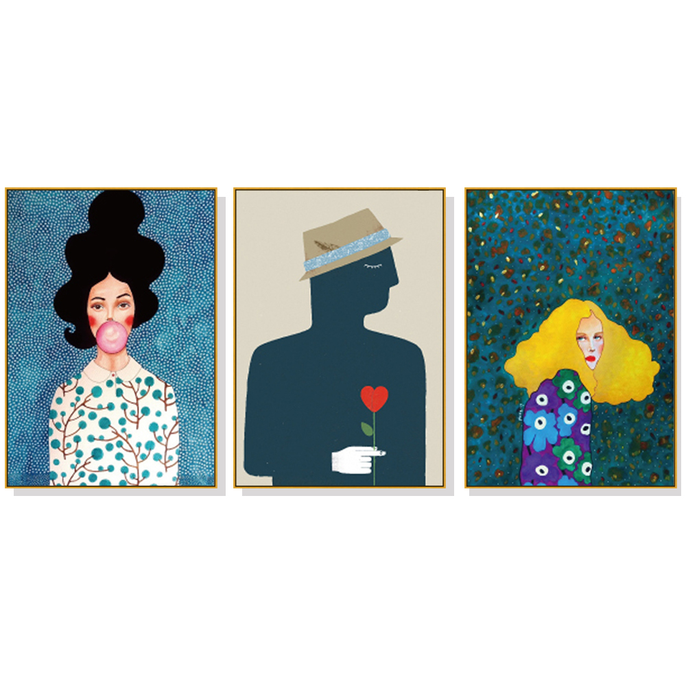 V207-1126_Modern-Figures-3-sets-gold_1 Wall Art 60cmx90cm Modern Figure 3 Sets Gold Frame Canvas - Image 1