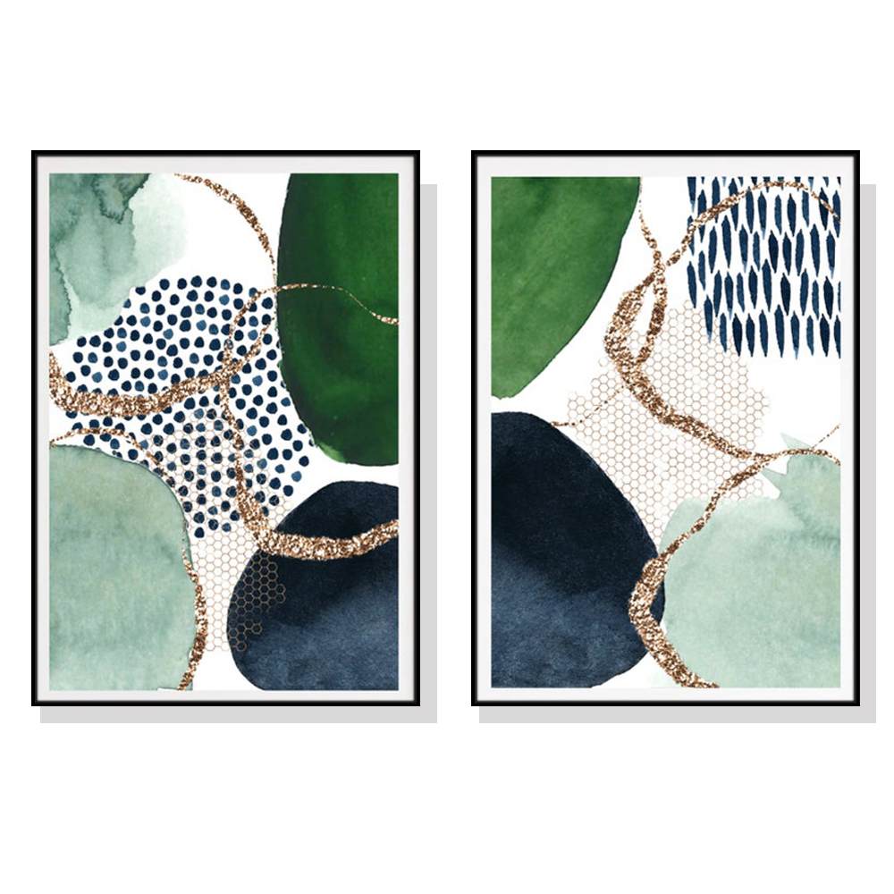 V207-1232_Green-and-Navy-Abstract-black_1 Wall Art 40cmx60cm Abstract Green and Navy 2 Sets Black Frame Canvas - Image 1