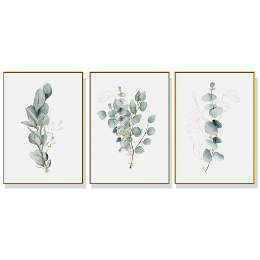 V207-1301-64690-00 Wall Art 40cmx60cm Eucalyptus Plant 3 Sets Gold Frame Canvas - Image 1