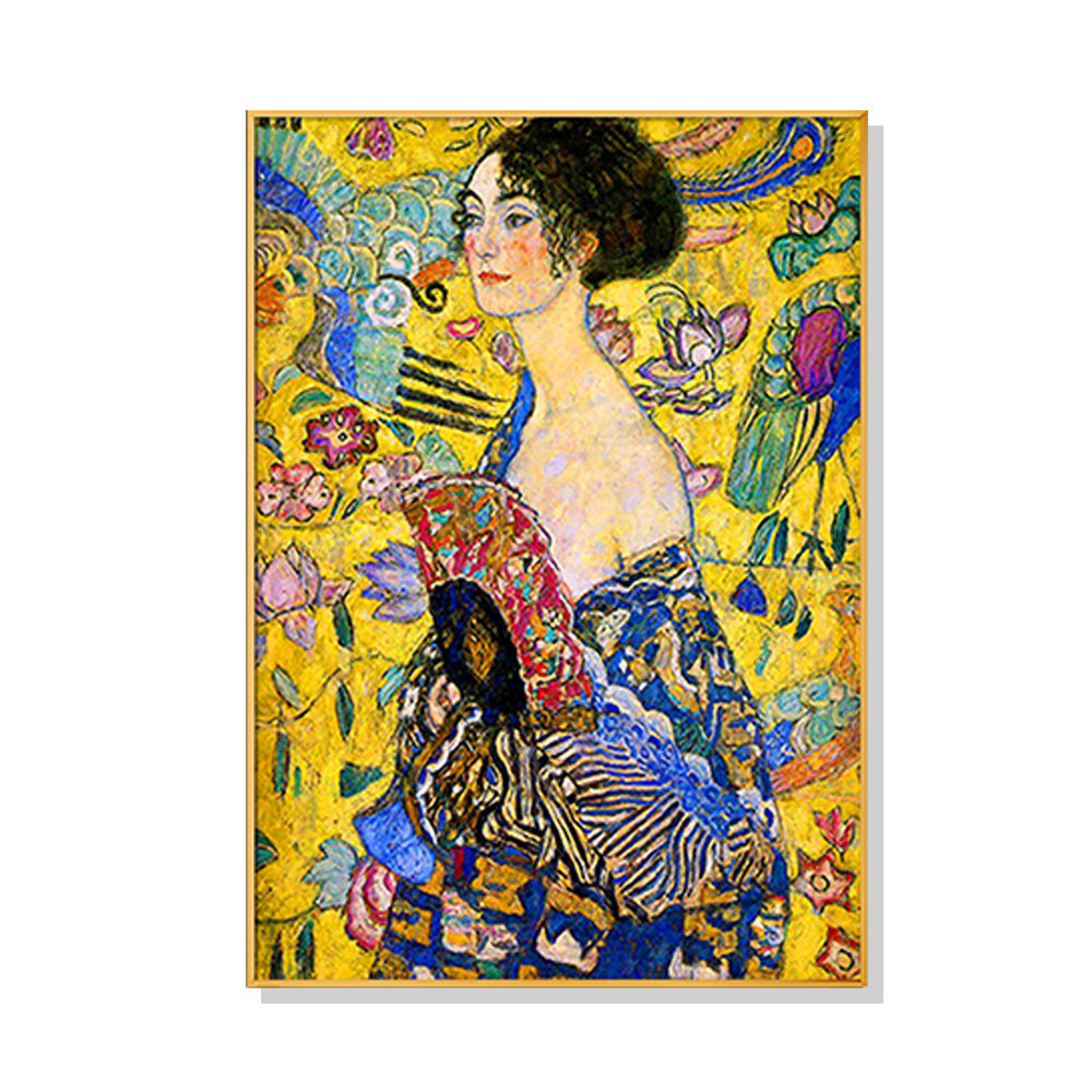 V207-1354-65147-00 Wall Art 60cmx90cm Lady With A fan By Klimt Gold Frame Canvas - Image 1