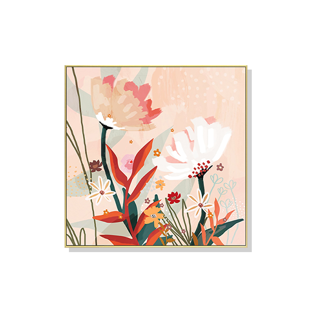 V207-1407-3-145924-00 Wall Art 100cmx100cm Native Floral Gold Frame Canvas - Image 1