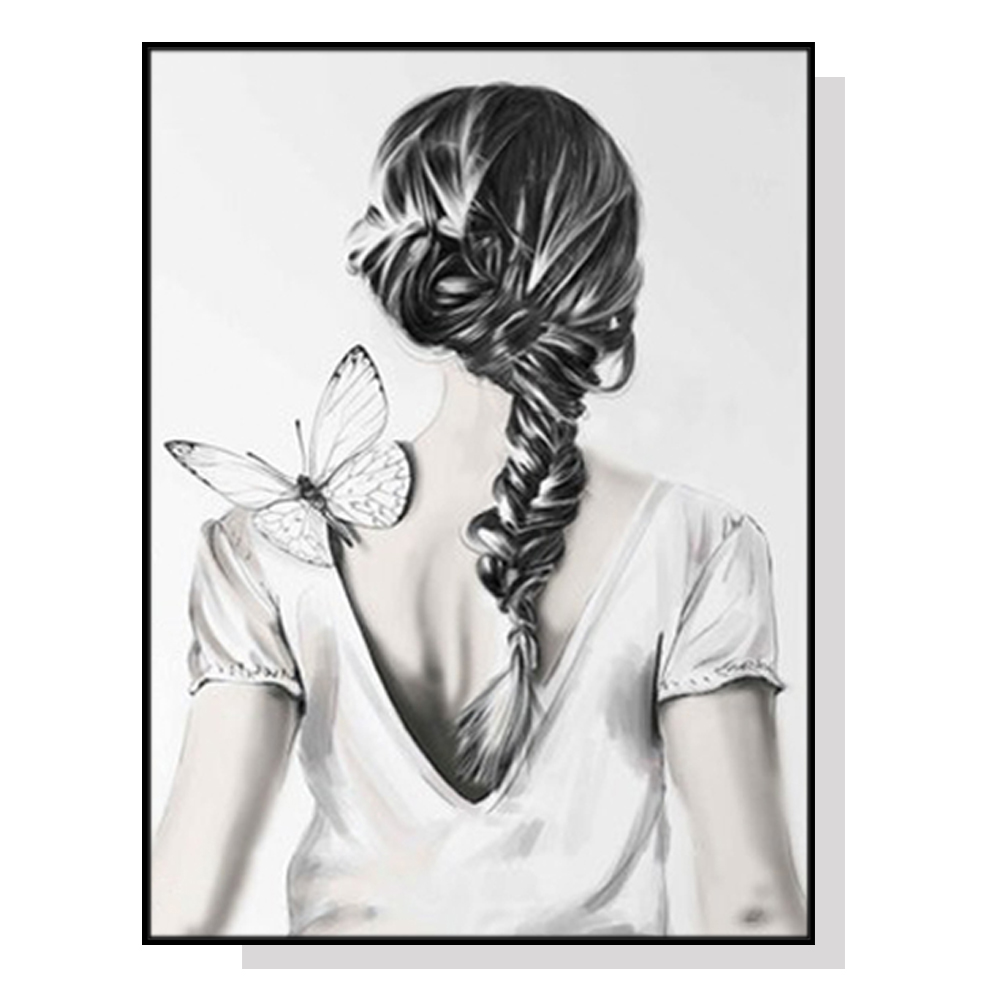 V207-1441-66044-00 Wall Art 70cmx100cm Woman Back With Butterfly Black Frame Canvas - Image 1