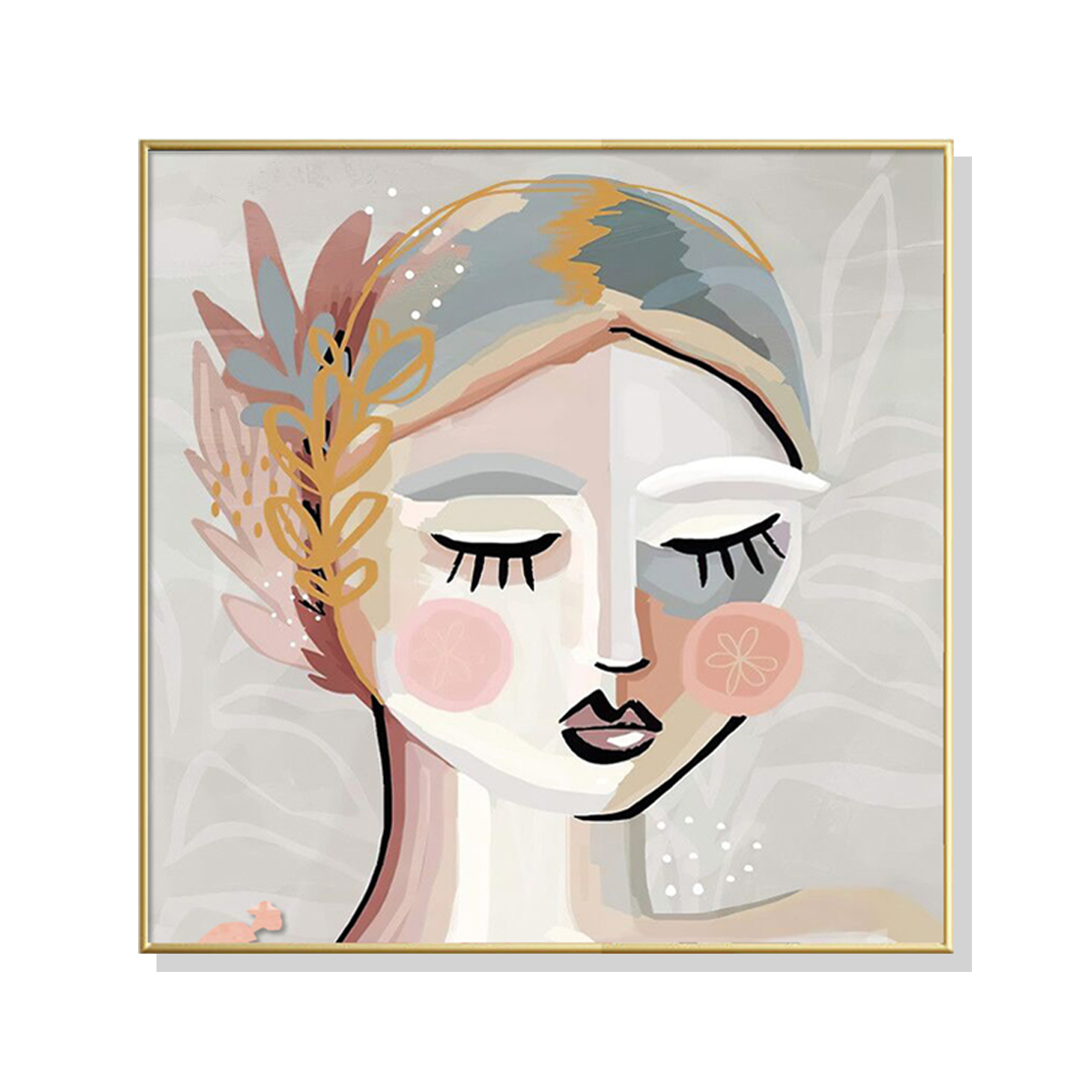 V207-1444-66041-00 Wall Art 60cmx60cm Calm Girl Gold Frame Canvas - Image 1