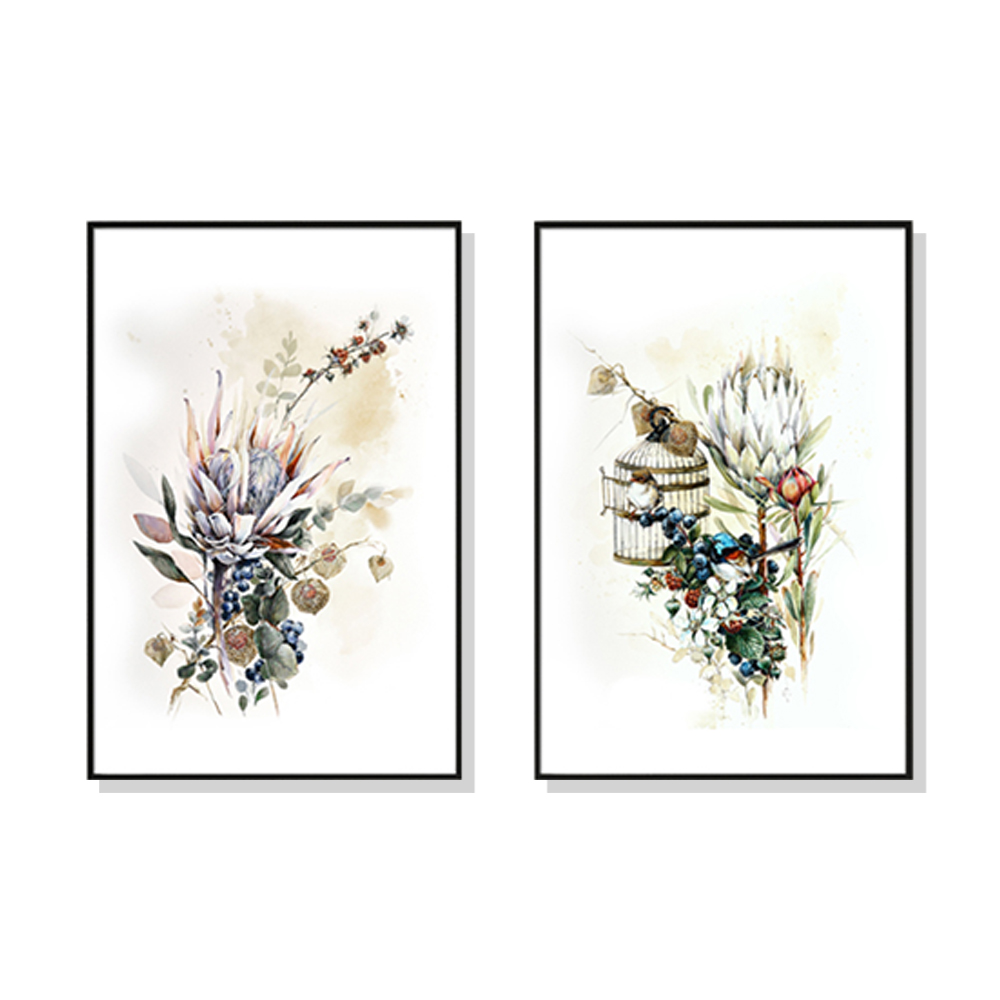 V207-1460-66051-00 Wall Art 70cmx100cm Berries And Protea 2 Sets Black Frame Canvas - Image 1